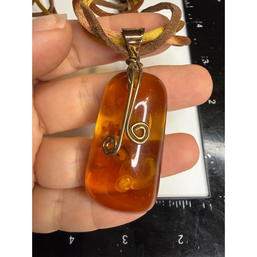 Artisan Sterling Silver 925 Amber Resin Pendant Multi-Strand Cord Necklace